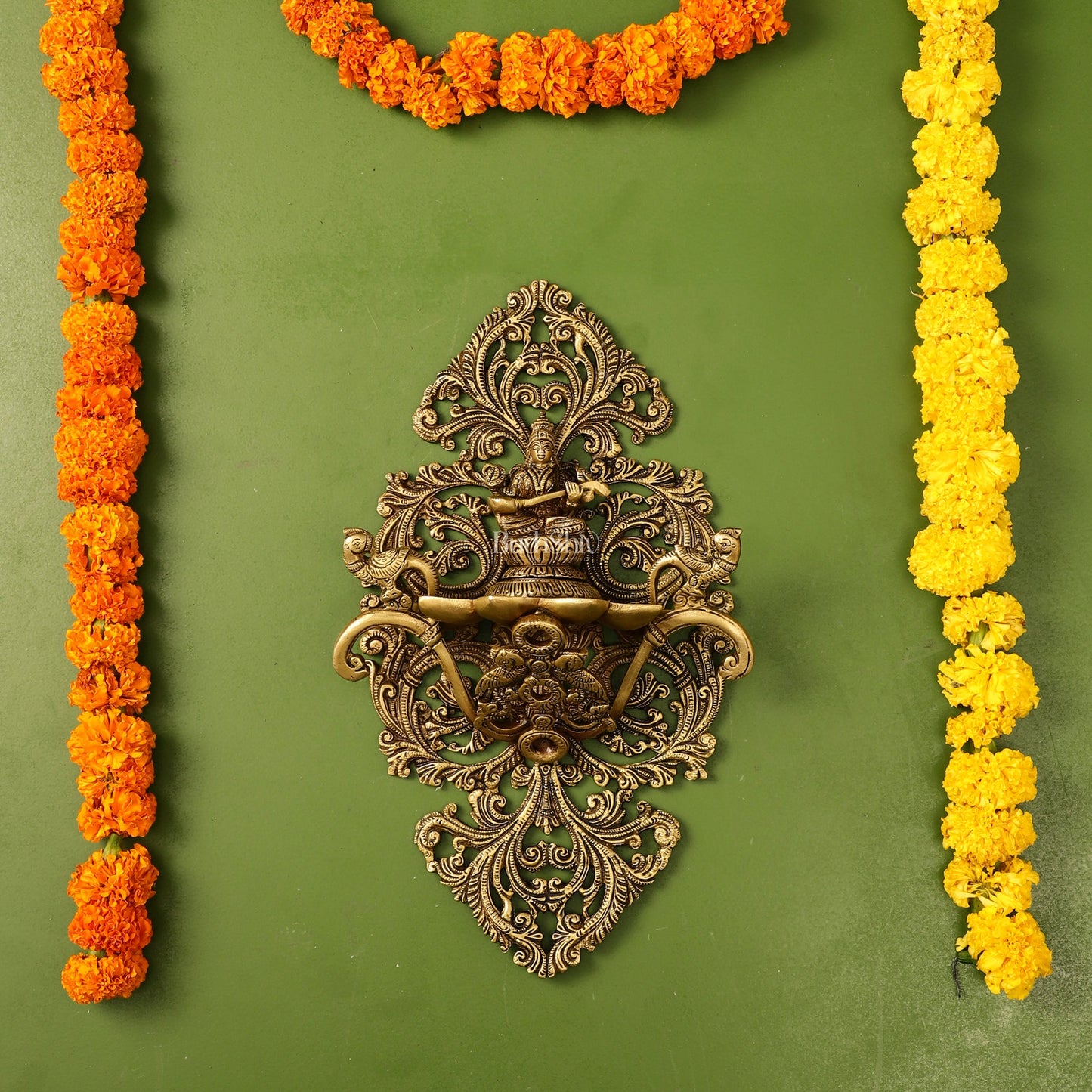 Brass Handcrafted Saraswati Wall Hanging Diya - 13 inch x 8 inch - Budhshiv.com