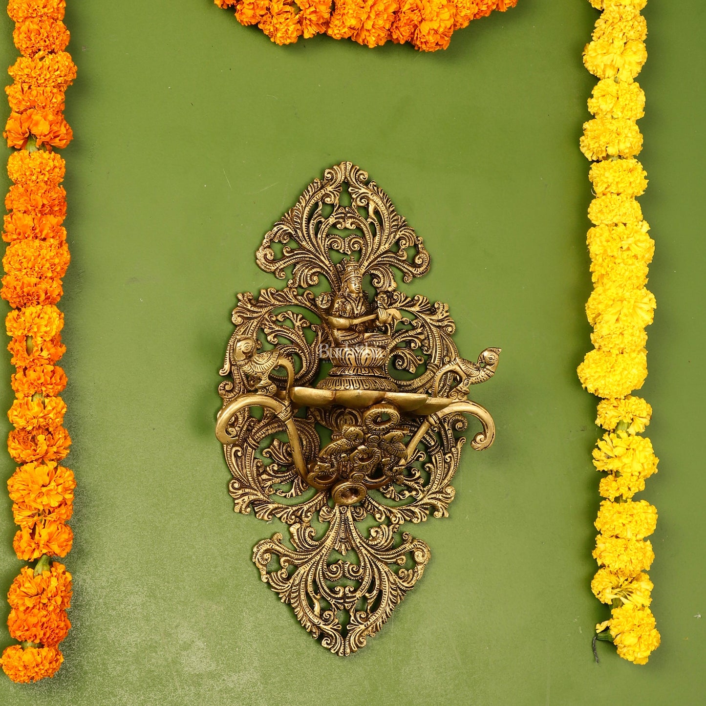 Brass Handcrafted Saraswati Wall Hanging Diya - 13 inch x 8 inch - Budhshiv.com