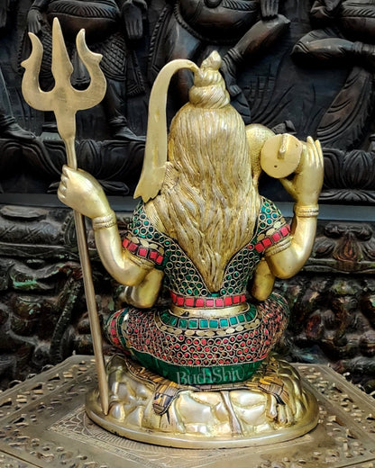 Brass Handcrafted Shiva Chaturbhuja Statue | Natural Stones | 13" - Budhshiv.com