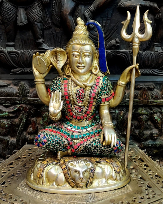 Brass Handcrafted Shiva Chaturbhuja Statue | Natural Stones | 13" - Budhshiv.com