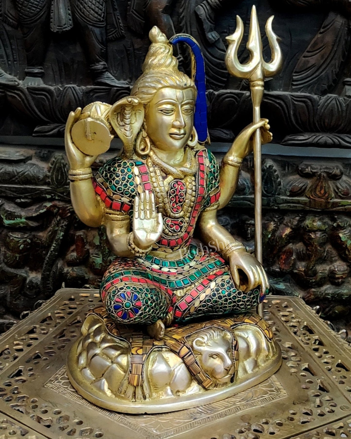 Brass Handcrafted Shiva Chaturbhuja Statue | Natural Stones | 13" - Budhshiv.com