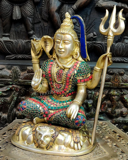 Brass Handcrafted Shiva Chaturbhuja Statue | Natural Stones | 13" - Budhshiv.com