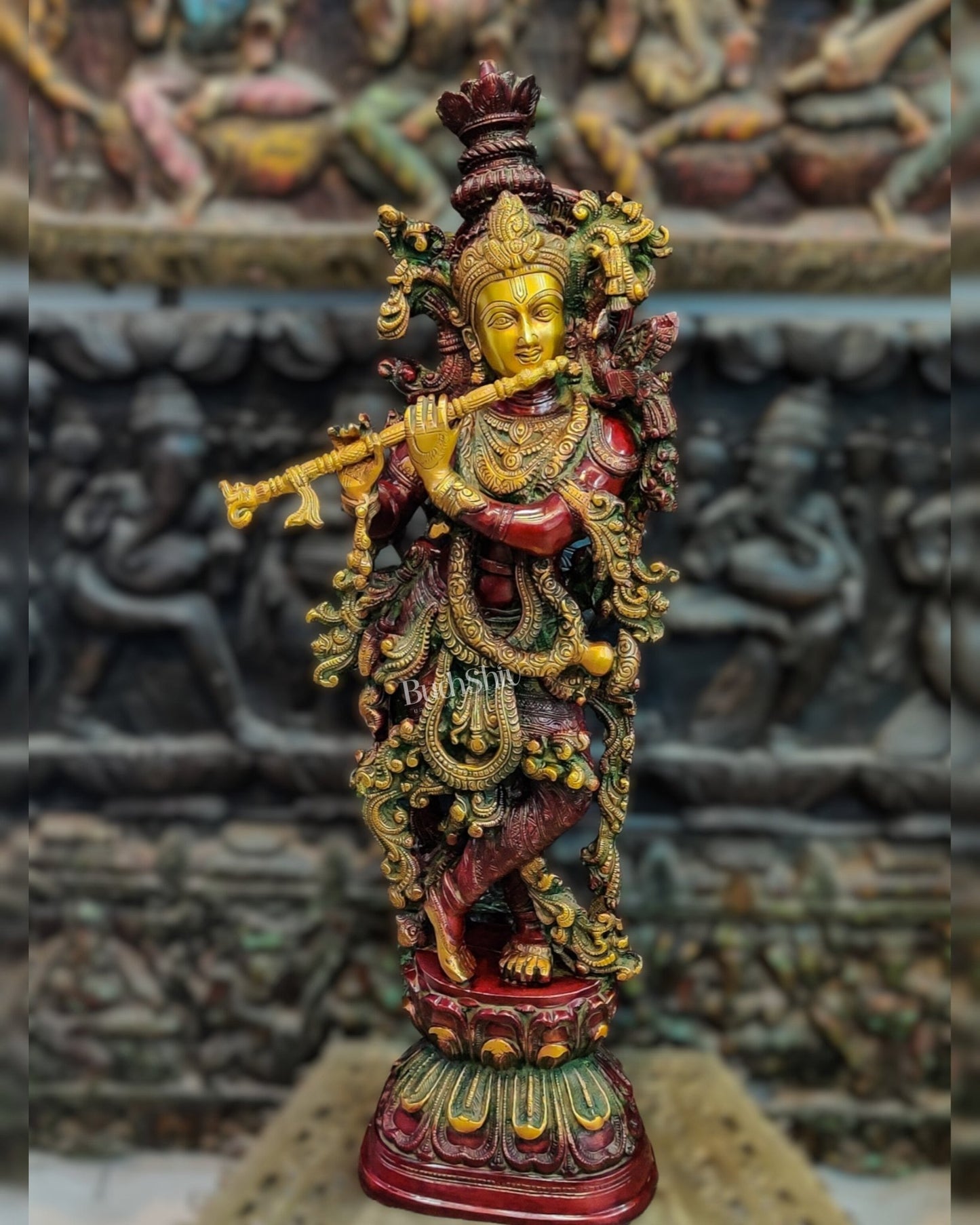 Brass Handcrafted Statue of Lord Krishna - on Pedestal | 30" - Budhshiv.com