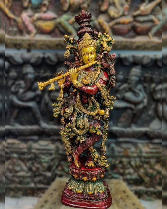 Brass Handcrafted Statue of Lord Krishna - on Pedestal | 30" - Budhshiv.com