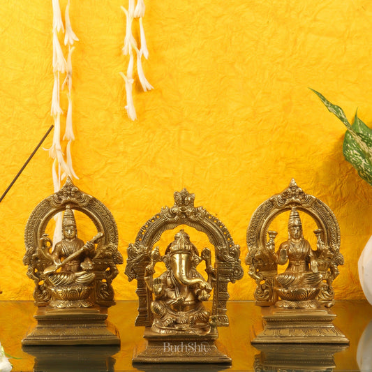 Brass Handcrafted Trinity Set - Ganesha, Saraswati, Lakshmi 7" - Budhshiv.com
