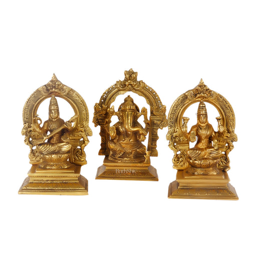 Brass Handcrafted Trinity Set - Ganesha, Saraswati, Lakshmi 7" - Budhshiv.com
