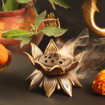 Brass Handmade Lotus Design Lobaandaani | Dhoop Burner and Incense Charcoal Burner with Lid 4" - Budhshiv.com