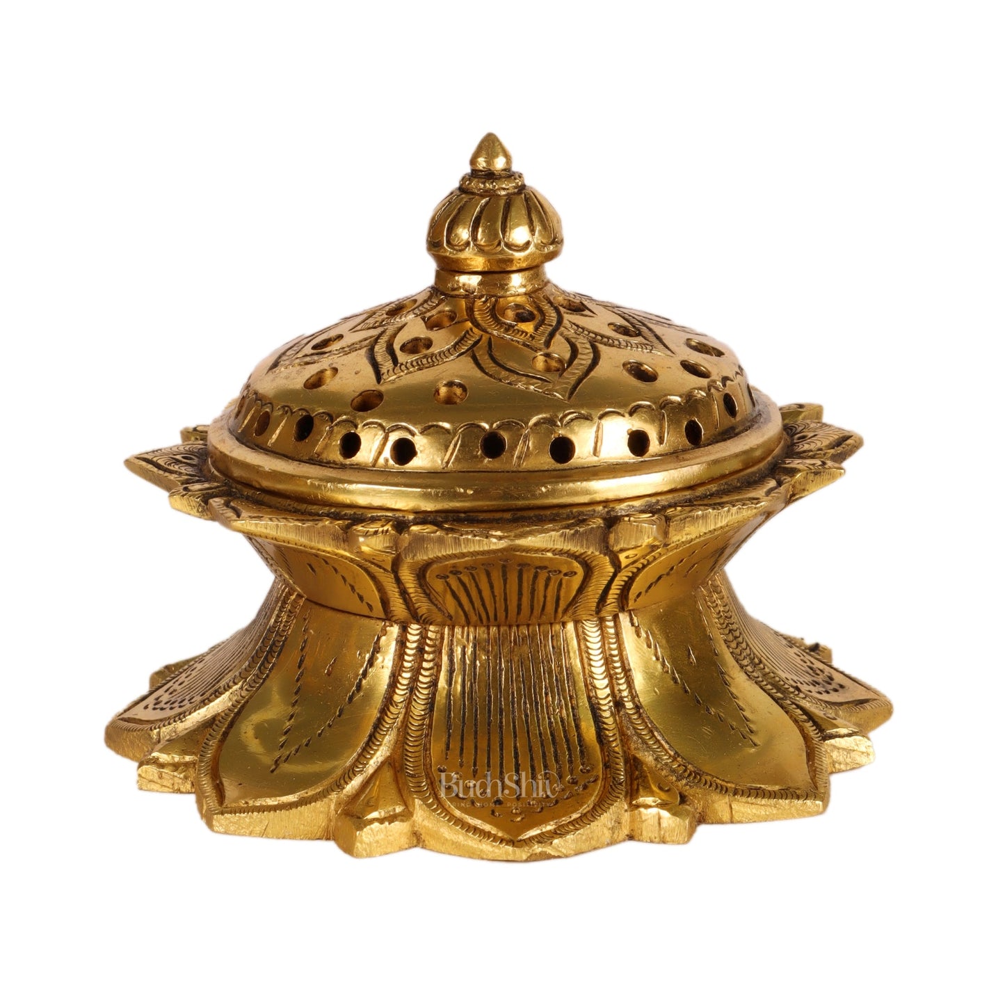 Brass Handmade Lotus Design Lobaandaani | Dhoop Burner and Incense Charcoal Burner with Lid | Height 3.5 inches, Width 4 inches, Depth 4 inches - Budhshiv.com
