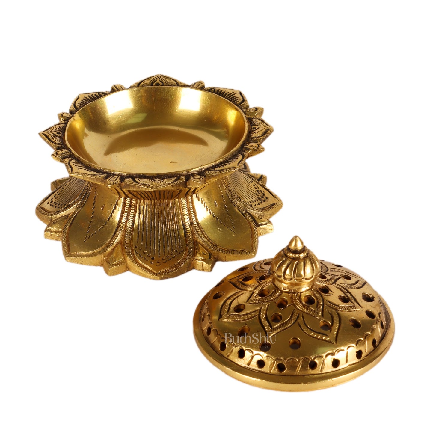 Brass Handmade Lotus Design Lobaandaani | Dhoop Burner and Incense Charcoal Burner with Lid | Height 3.5 inches, Width 4 inches, Depth 4 inches - Budhshiv.com