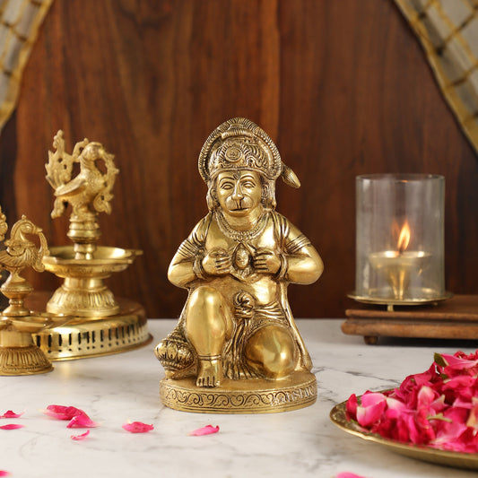 Brass Hanuman Idol with Ram on Chest | 8" Height - Budhshiv.com