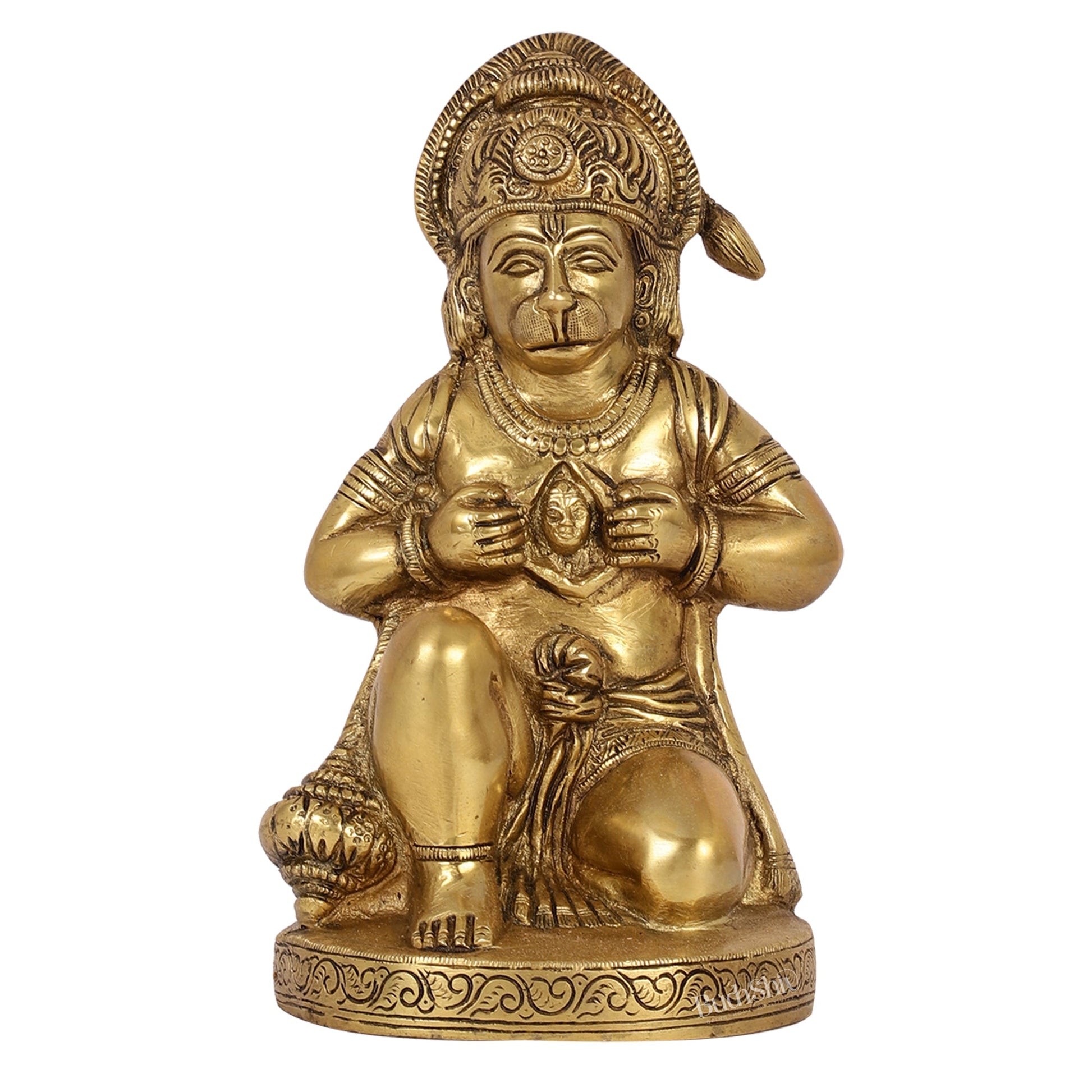 Brass Hanuman Idol with Ram on Chest | 8" Height - Budhshiv.com