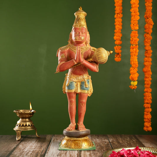 Brass Hanuman Statue in Namashkar Mudra | 21.5" Height | Red handpaint - Budhshiv.com