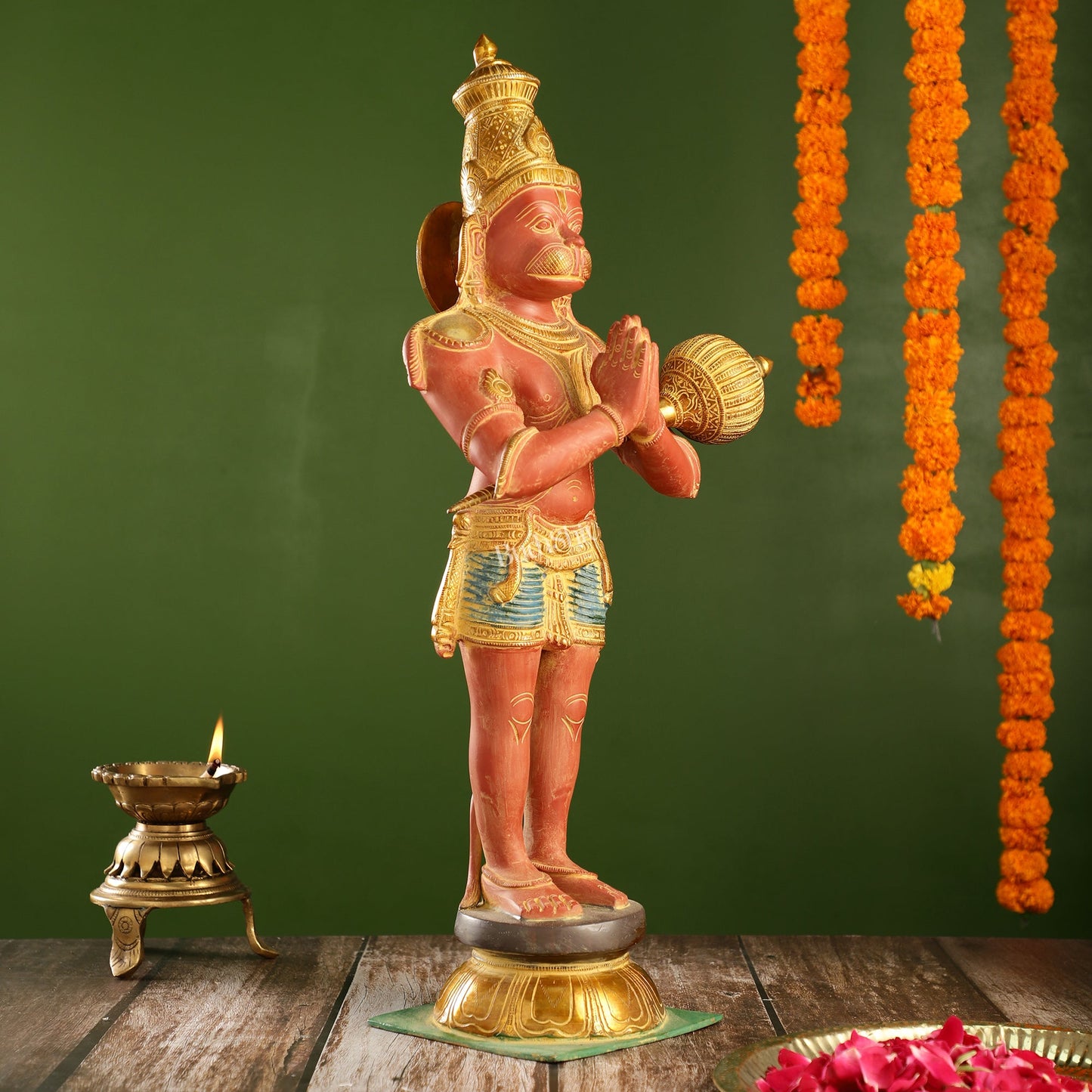 Brass Hanuman Statue in Namashkar Mudra | 21.5" Height | Red handpaint - Budhshiv.com