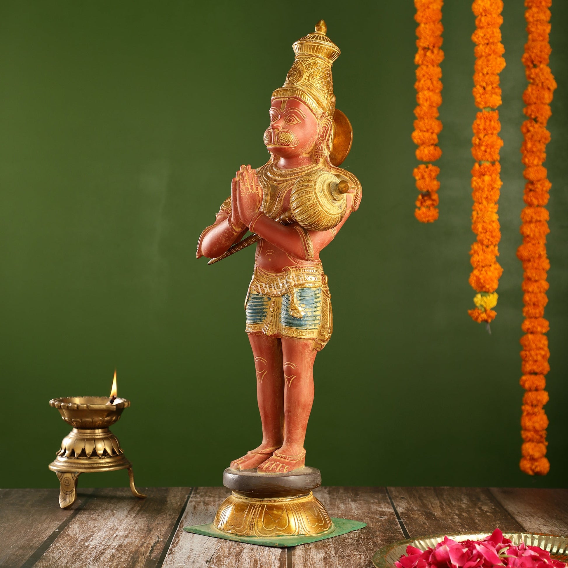 Brass Hanuman Statue in Namashkar Mudra | 21.5" Height | Red handpaint - Budhshiv.com