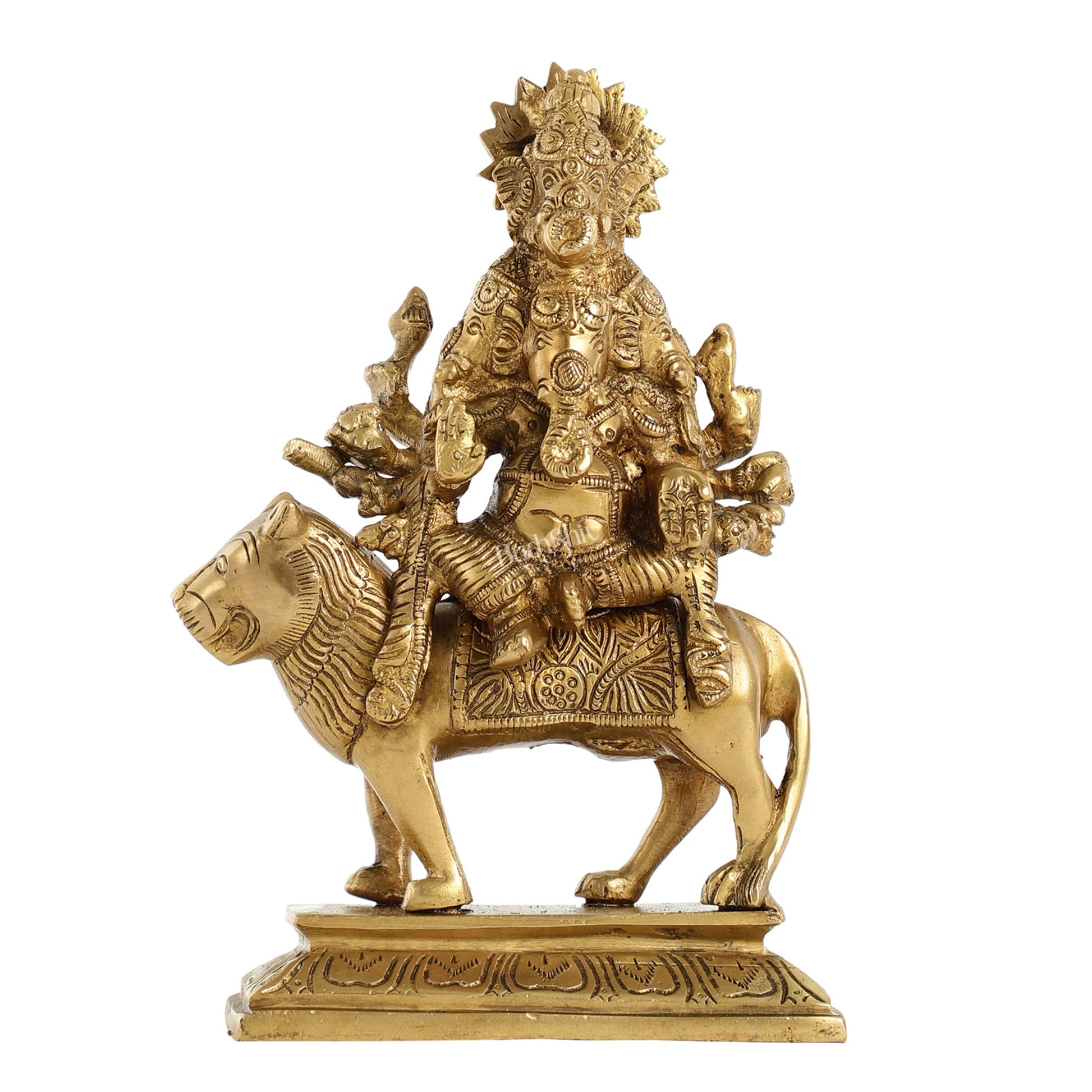 Brass Heramba Ganesha Statue Seated on Lion - 9 Inch - Budhshiv.com