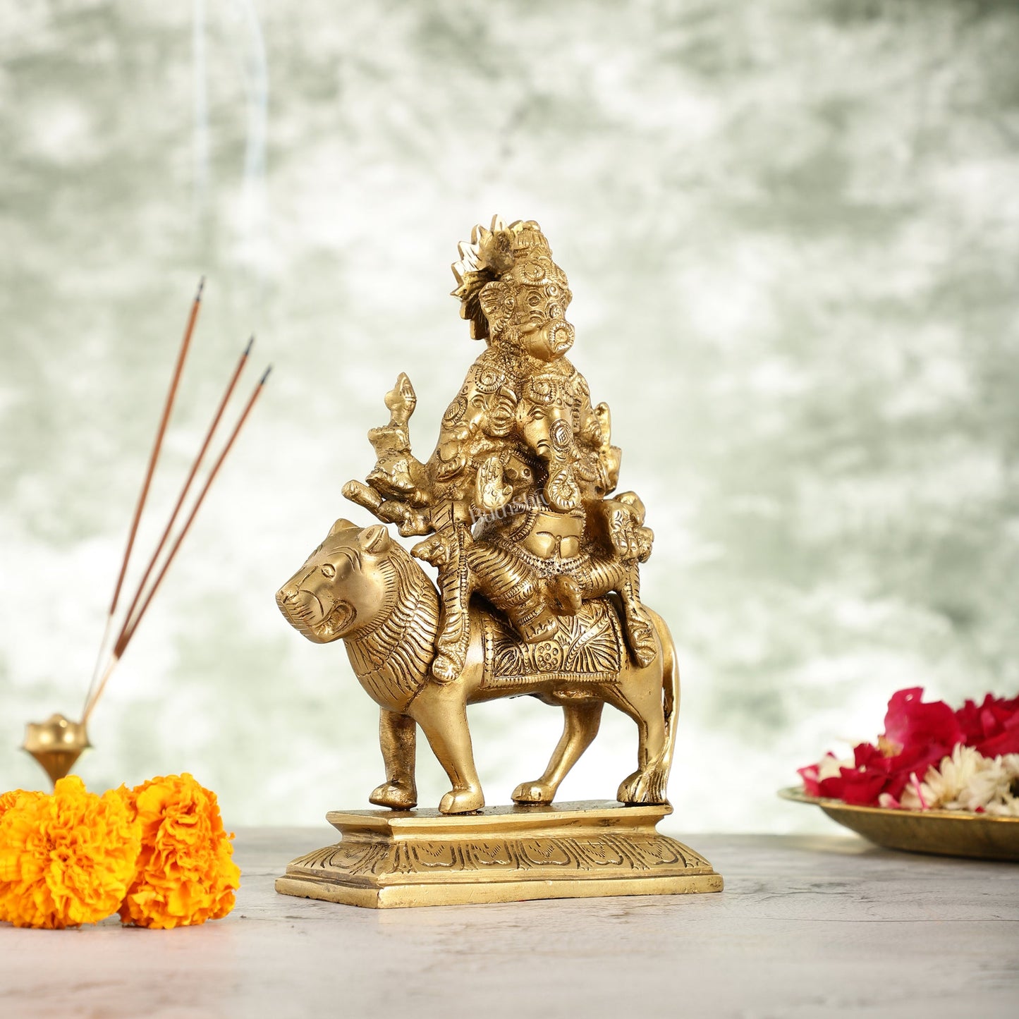 Brass Heramba Ganesha Statue Seated on Lion - 9 Inch - Budhshiv.com