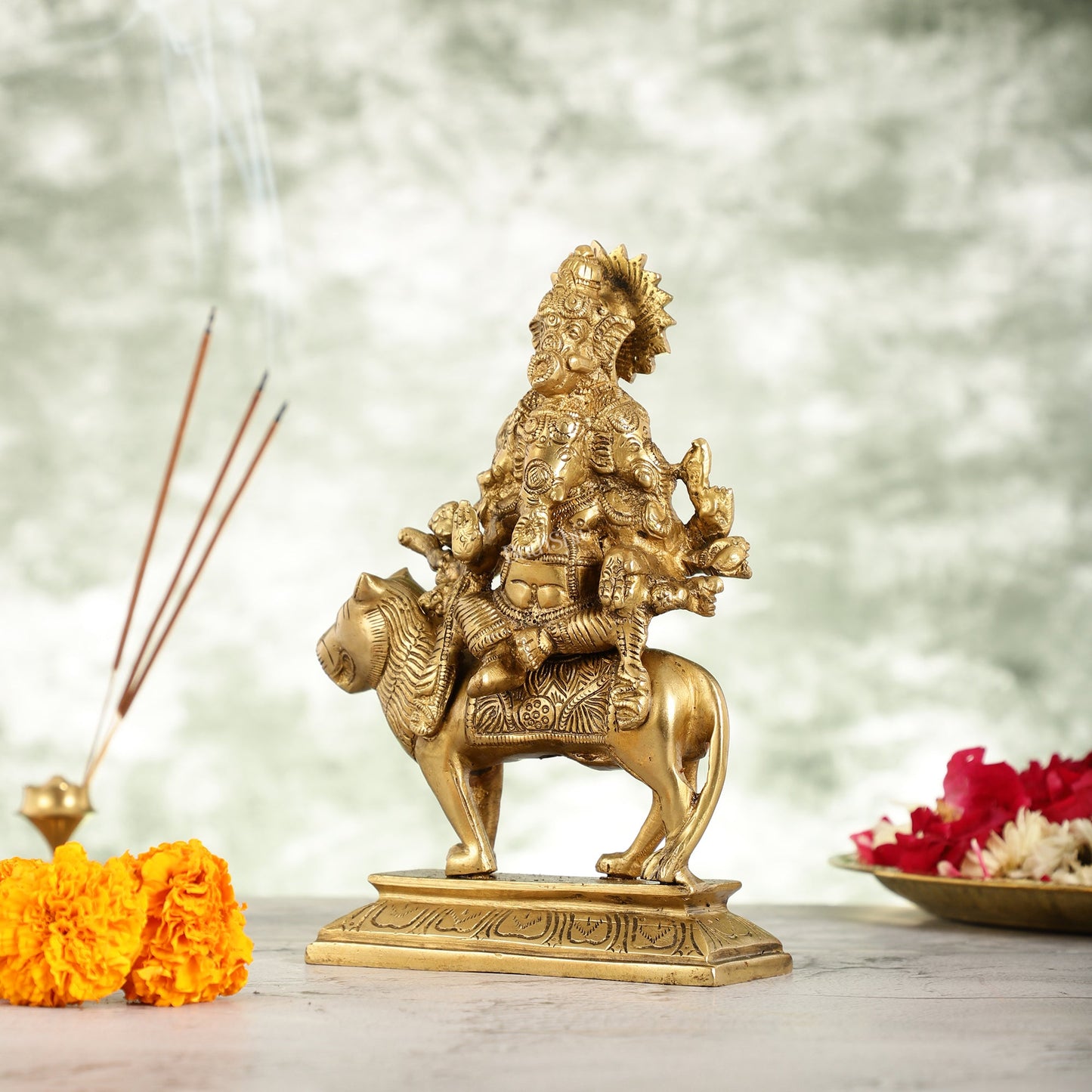 Brass Heramba Ganesha Statue Seated on Lion - 9 Inch - Budhshiv.com