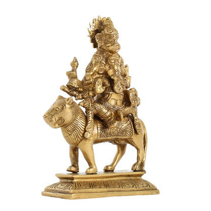 Brass Heramba Ganesha Statue Seated on Lion - 9 Inch - Budhshiv.com