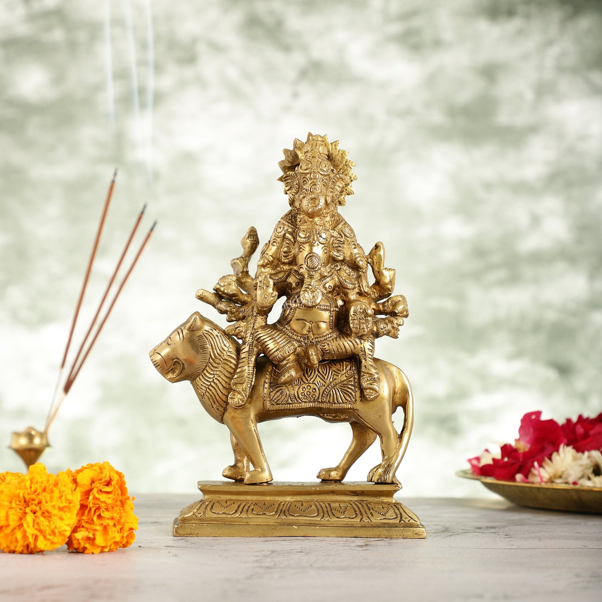 Brass Heramba Ganesha Statue Seated on Lion - 9 Inch - Budhshiv.com