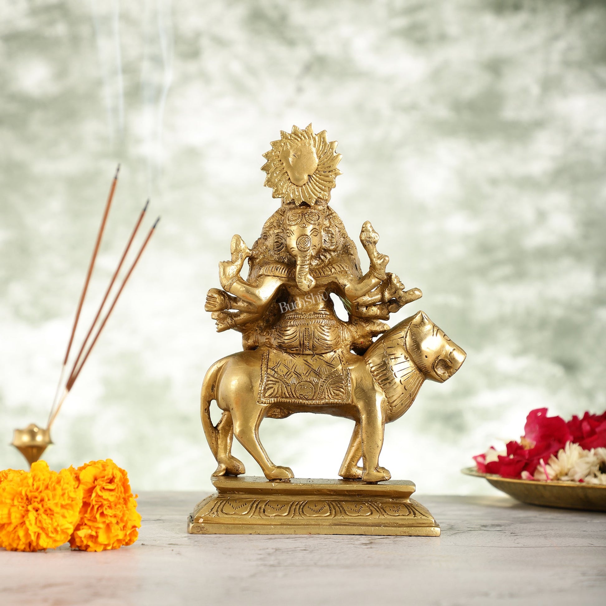 Brass Heramba Ganesha Statue Seated on Lion - 9 Inch - Budhshiv.com