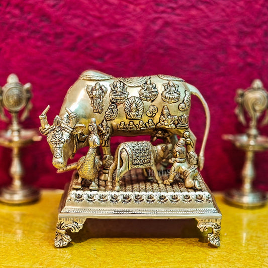 Brass Kaamdhenu cow and calf idol | 10" - Budhshiv.com