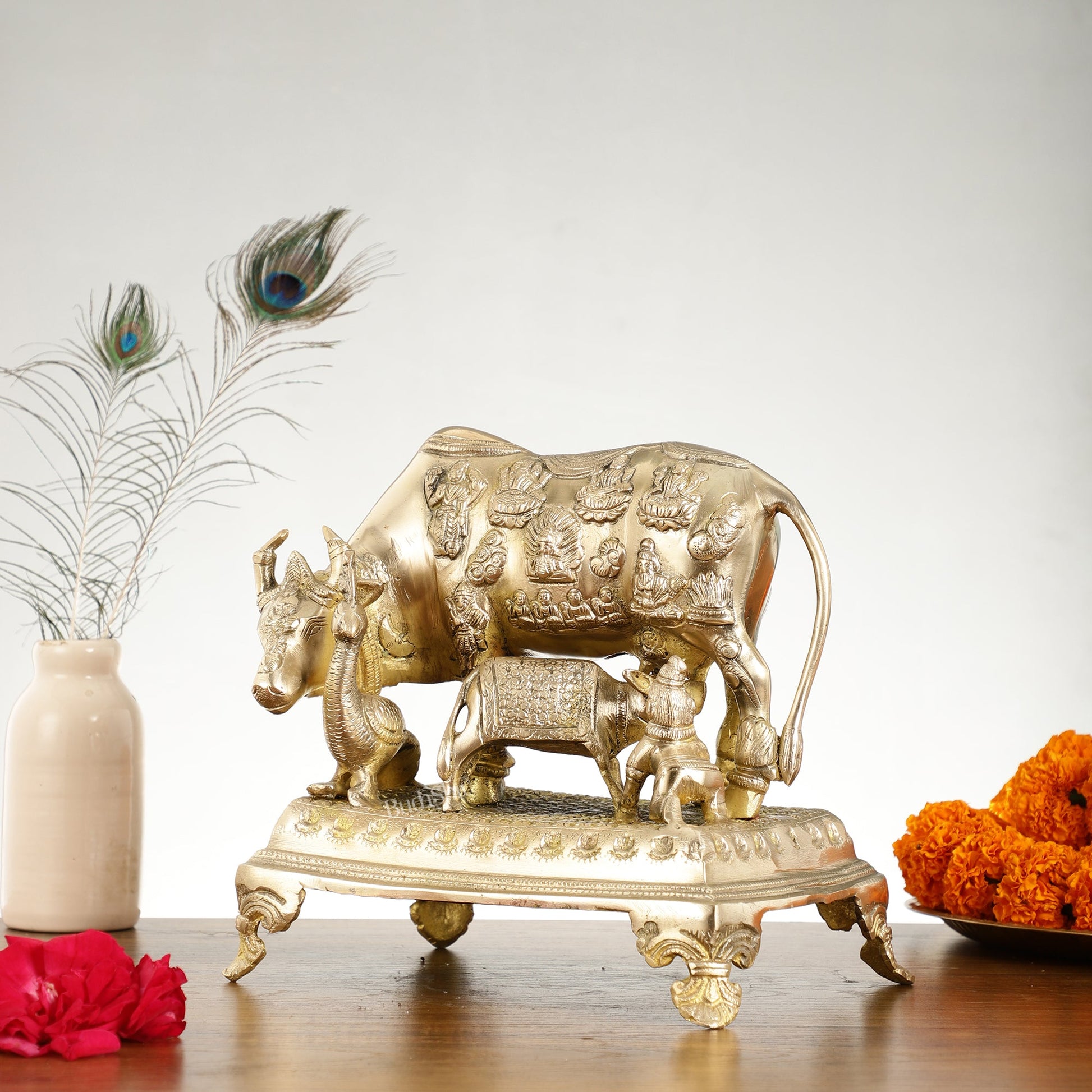 Brass Kaamdhenu Cow and calf statue 10 inch - Budhshiv.com