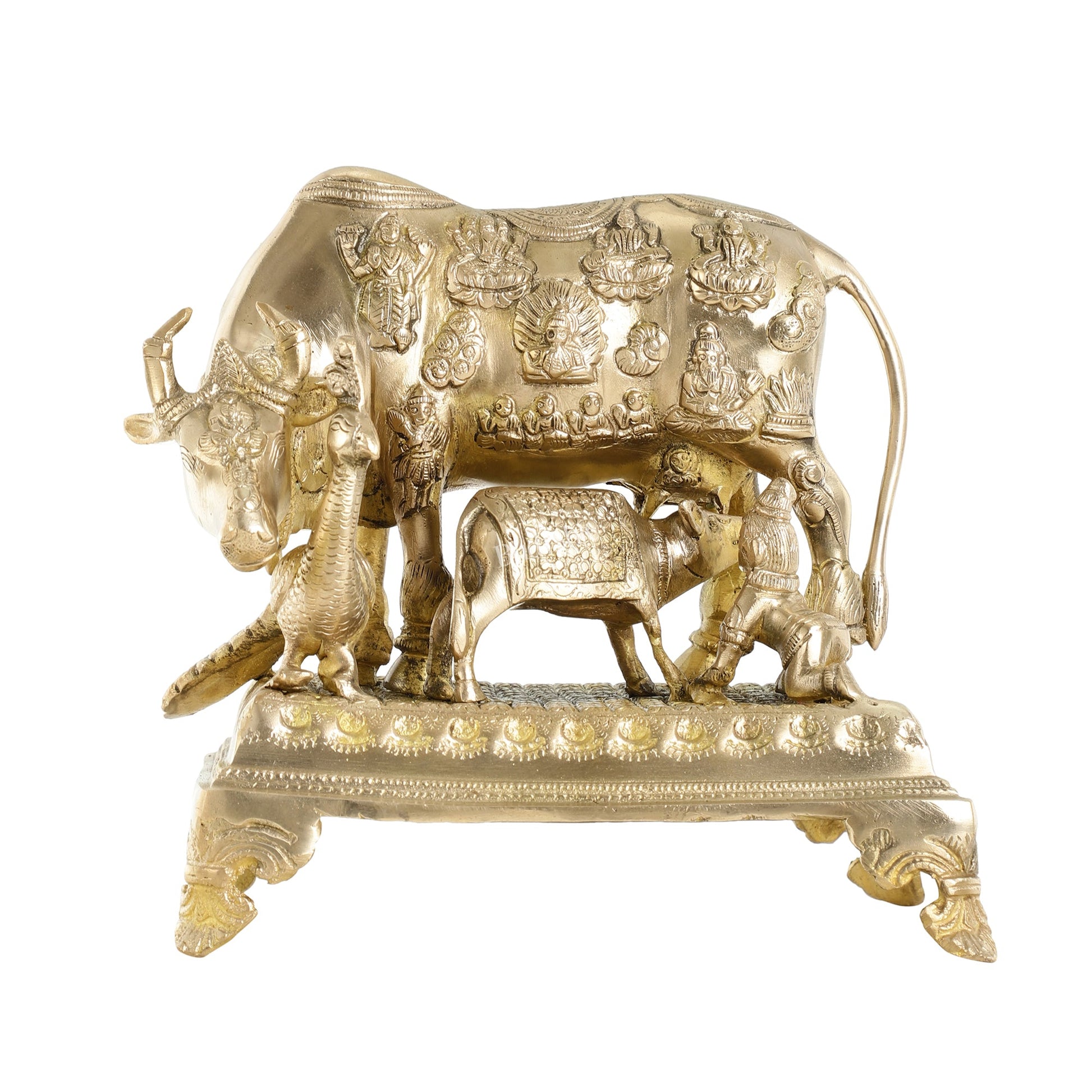 Brass Kaamdhenu Cow and calf statue 10 inch - Budhshiv.com