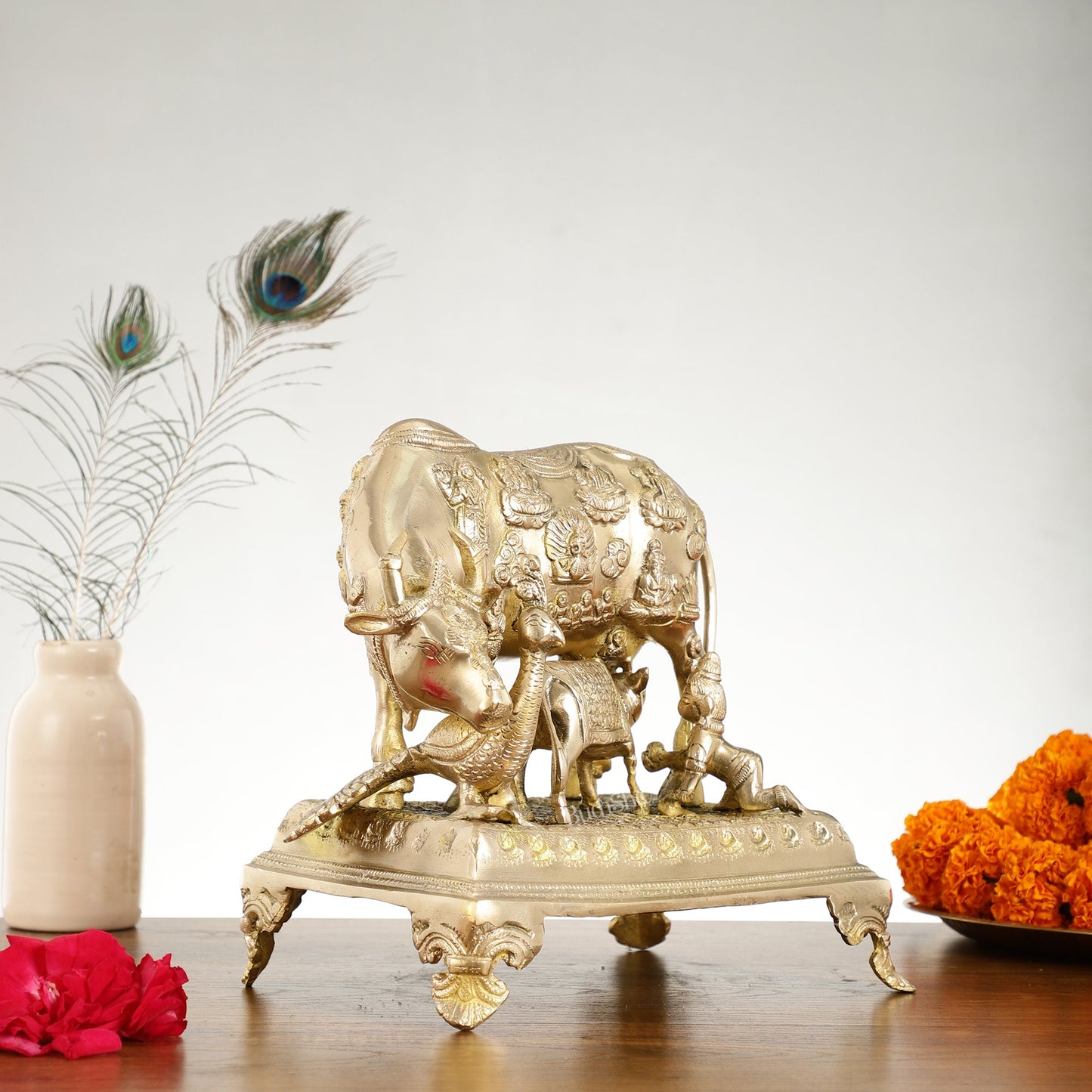 Brass Kaamdhenu Cow and calf statue 10 inch - Budhshiv.com