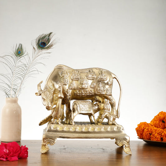 Brass Kaamdhenu Cow and calf statue 10 inch - Budhshiv.com
