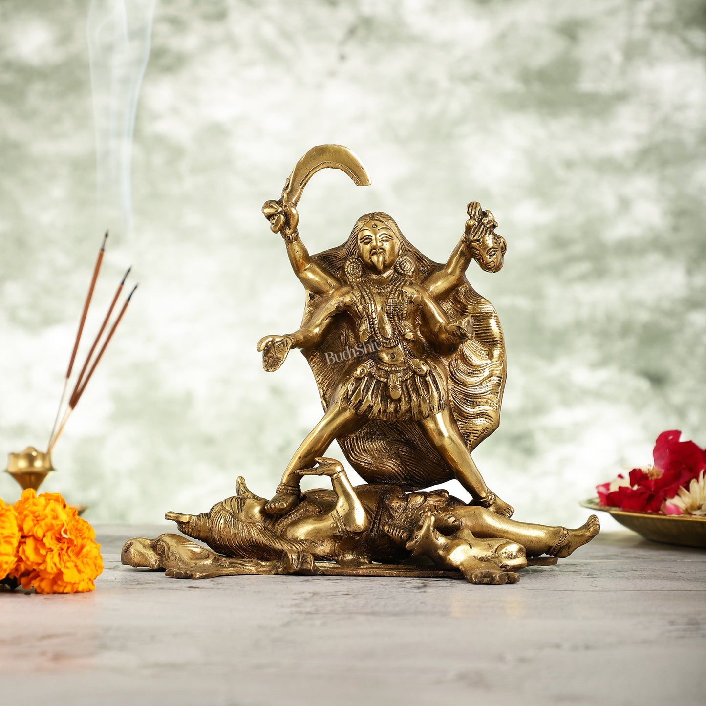 Brass Kali Ma Idol - 8.5 Inch Height - Budhshiv.com