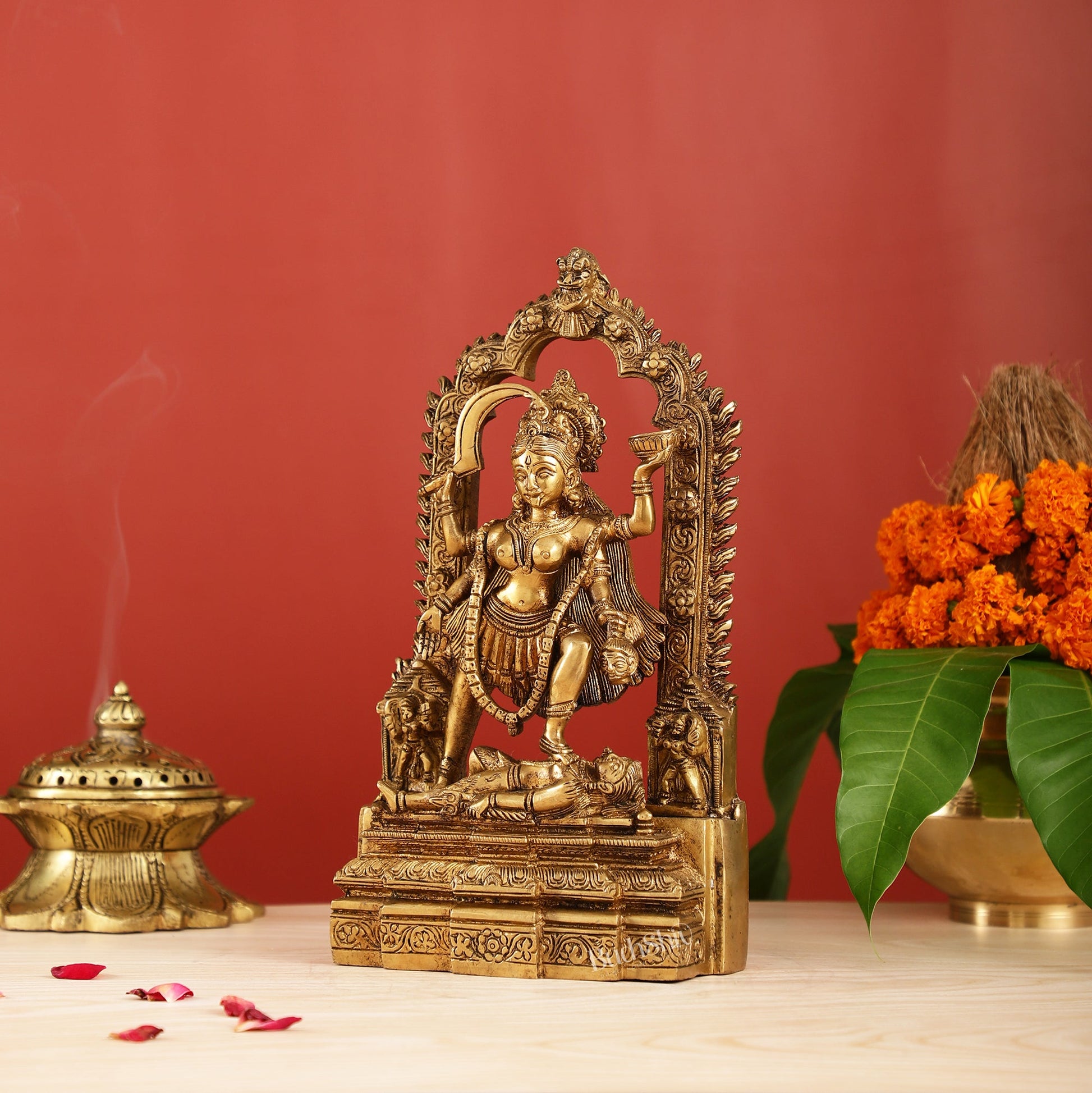 Brass Kali statue with Prabhavali 10" - Budhshiv.com
