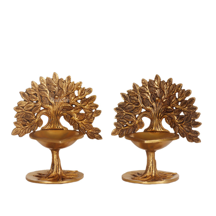 Brass Kalpavriksha Tree of Life Oil Diya - Handcrafted with Fine Detailing with roots - Budhshiv.com