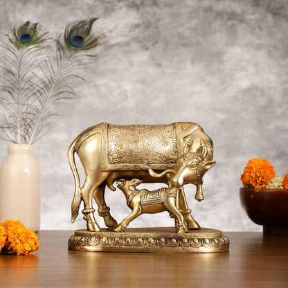 Brass Kamadhenu Cow with Calf Idol - 8 Inch - Budhshiv.com