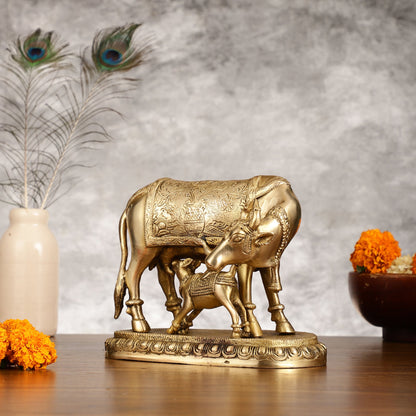 Brass Kamadhenu Cow with Calf Idol - 8 Inch - Budhshiv.com