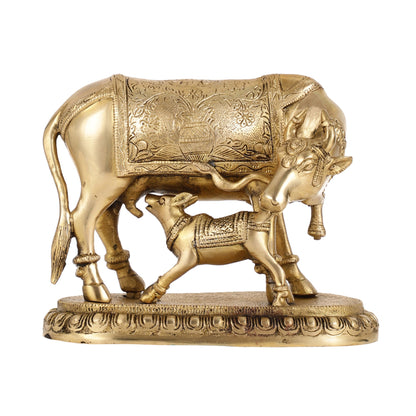 Brass Kamadhenu Cow with Calf Idol - 8 Inch - Budhshiv.com