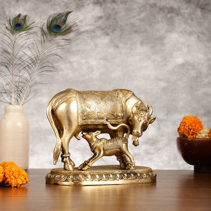 Brass Kamadhenu Cow with Calf Idol - 8 Inch - Budhshiv.com