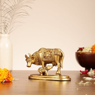 Brass Kamdhenu Cow and Calf Idol - 6 Inch - Budhshiv.com