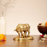 Brass Kamdhenu Cow and Calf Idol - 6 Inch - Budhshiv.com