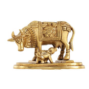 Brass Kamdhenu Cow and Calf Idol - 6 Inch - Budhshiv.com