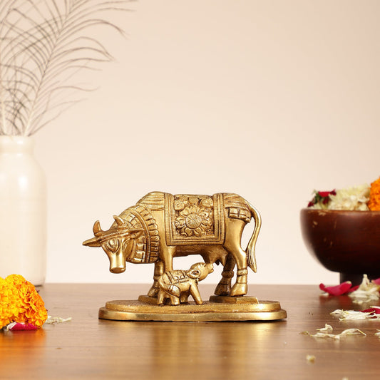 Brass Kamdhenu Cow and Calf Idol - 6 Inch - Budhshiv.com