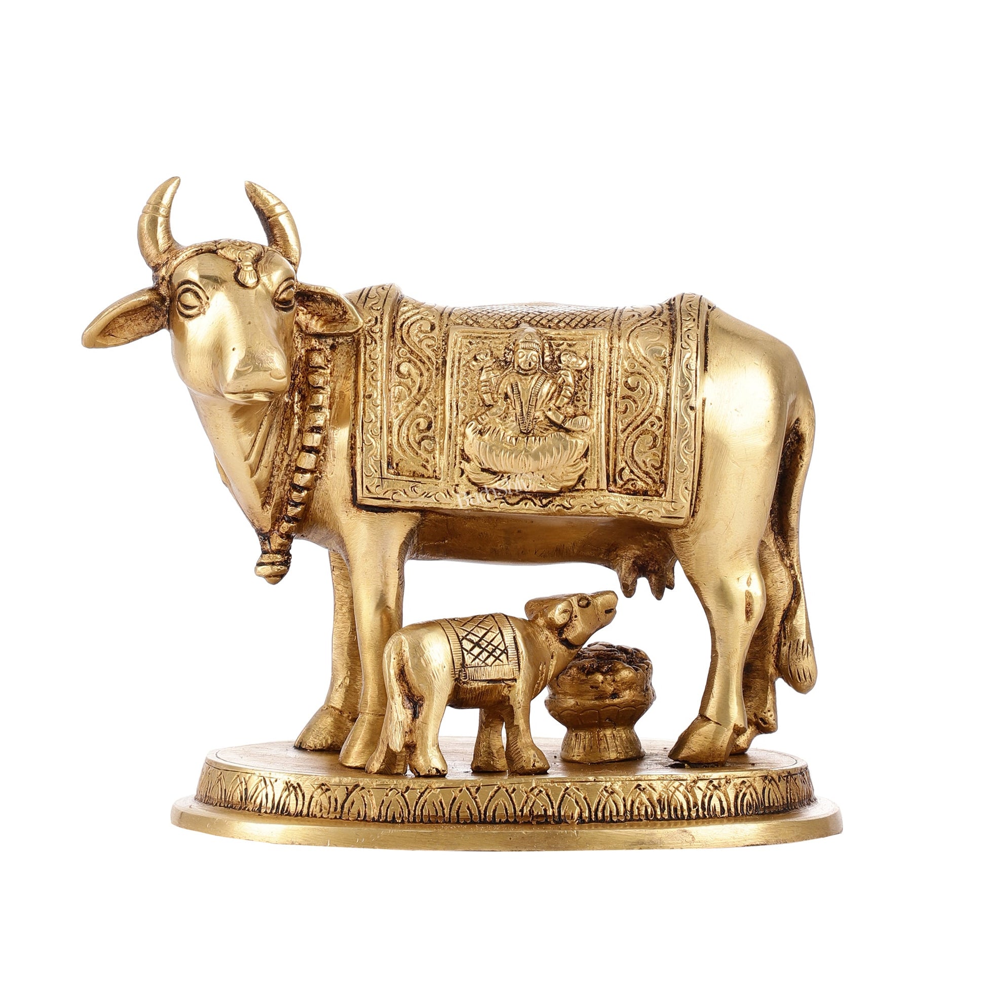 Brass Kamdhenu Cow with Calf Idol - 5 inch - Budhshiv.com