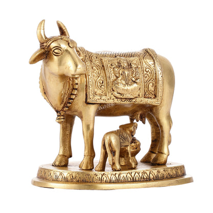 Brass Kamdhenu Cow with Calf Idol - 5 inch - Budhshiv.com