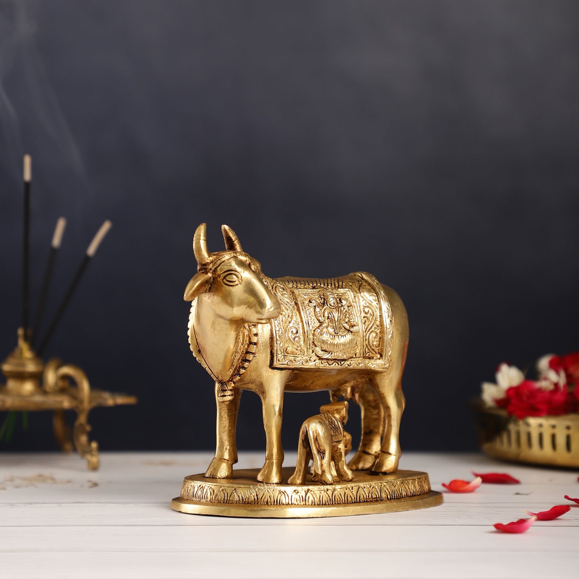 Brass Kamdhenu Cow with Calf Idol - 5 inch - Budhshiv.com