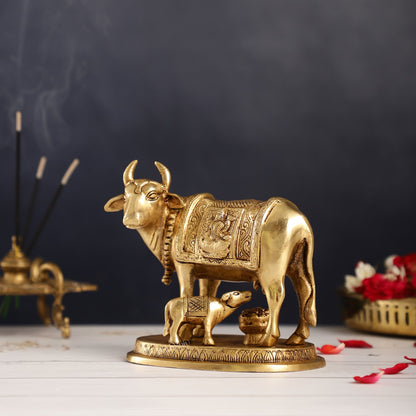 Brass Kamdhenu Cow with Calf Idol - 5 inch - Budhshiv.com