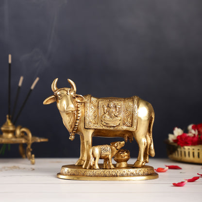 Brass Kamdhenu Cow with Calf Idol - 5 inch - Budhshiv.com