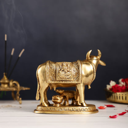 Brass Kamdhenu Cow with Calf Idol - 5 inch - Budhshiv.com