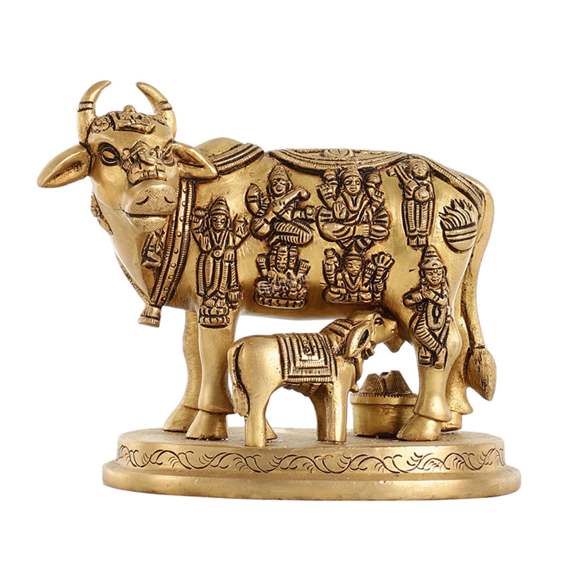Brass kamdhenu cow with calf Statue with Deities | 5" x 6.5" x 3.75" | - Budhshiv.com