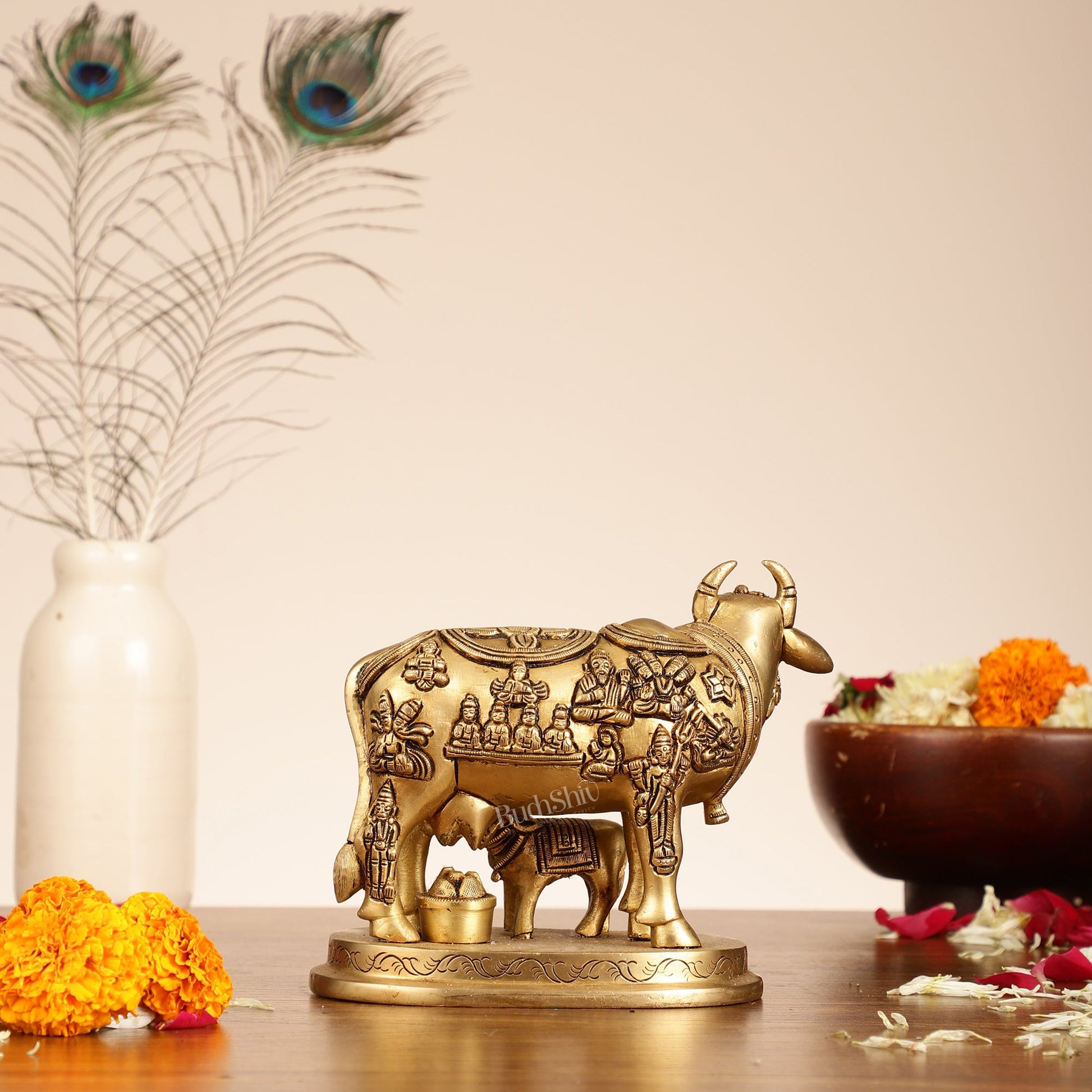 Brass kamdhenu cow with calf Statue with Deities | 5" x 6.5" x 3.75" | - Budhshiv.com