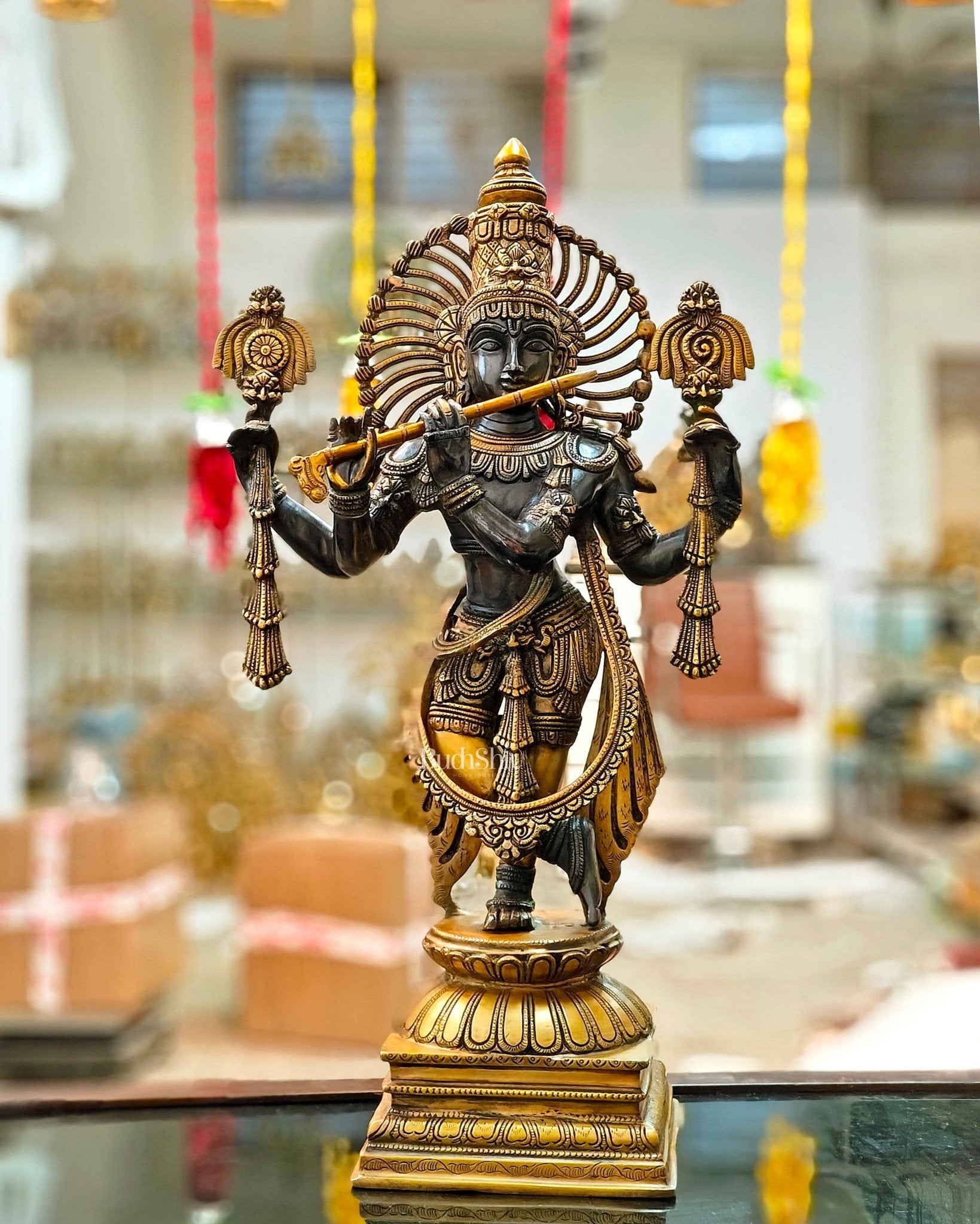 Brass Krishna 4 arms Statue | Black | Height 24 Inch - Budhshiv.com