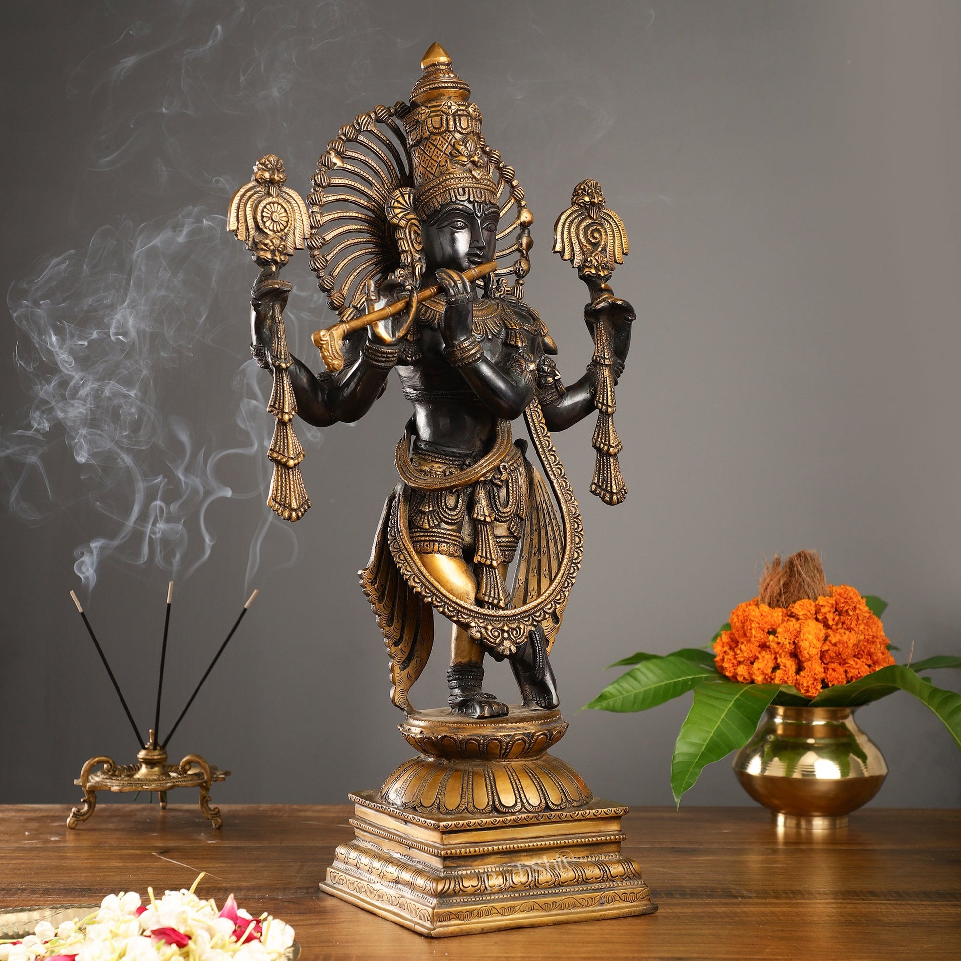 Brass Krishna Charbhuja Statue | Black | Height 24 Inch - Budhshiv.com